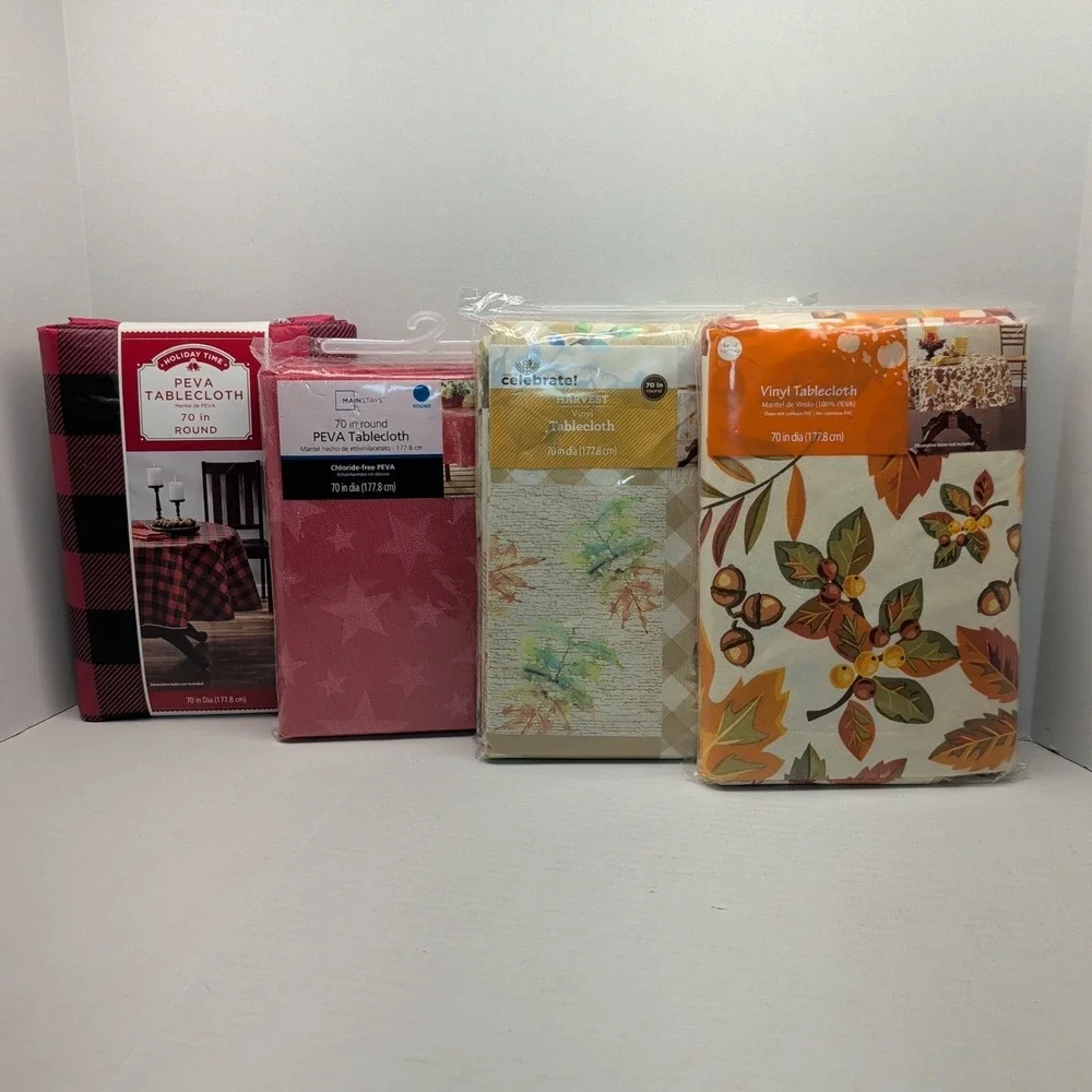 Lot of 4 Peva Vinyl Tablecloth 70 inch Round Fall Autumn Plaid Check Stars‎